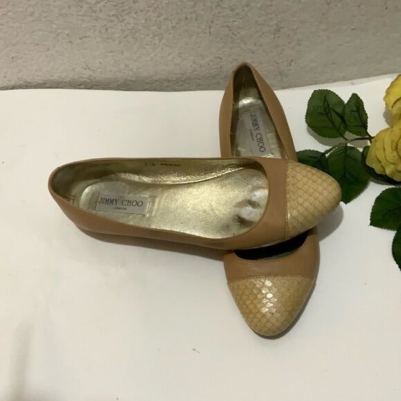 JIMMY CHOO Nude Leather & Python Cap Toe Ballet Flats Neutral Size EU 37.5, US 7 - Picture 16 of 16